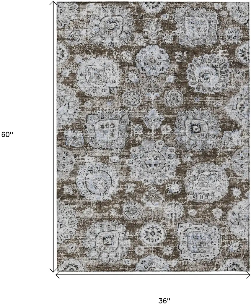 Chocolate And Blue Floral Washable Indoor Outdoor Area Rug Photo 3