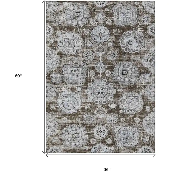 Chocolate And Blue Floral Washable Indoor Outdoor Area Rug Photo 3