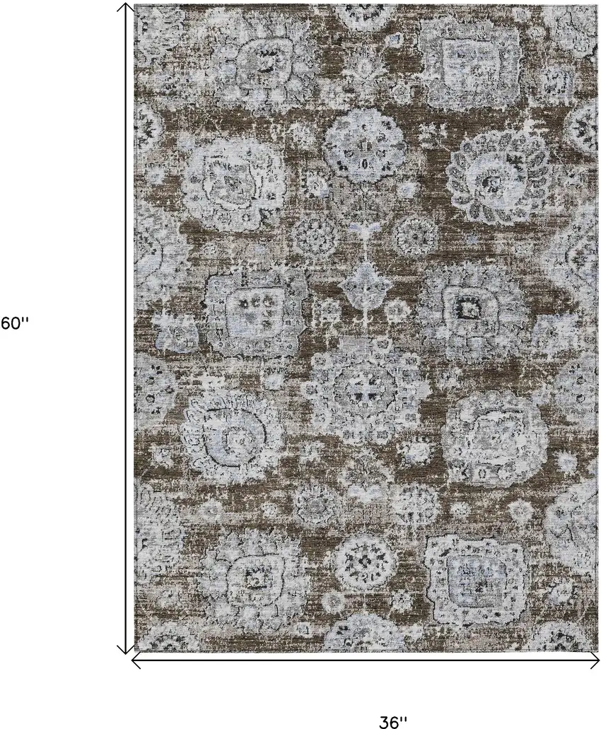 Chocolate And Blue Floral Washable Indoor Outdoor Area Rug Photo 3