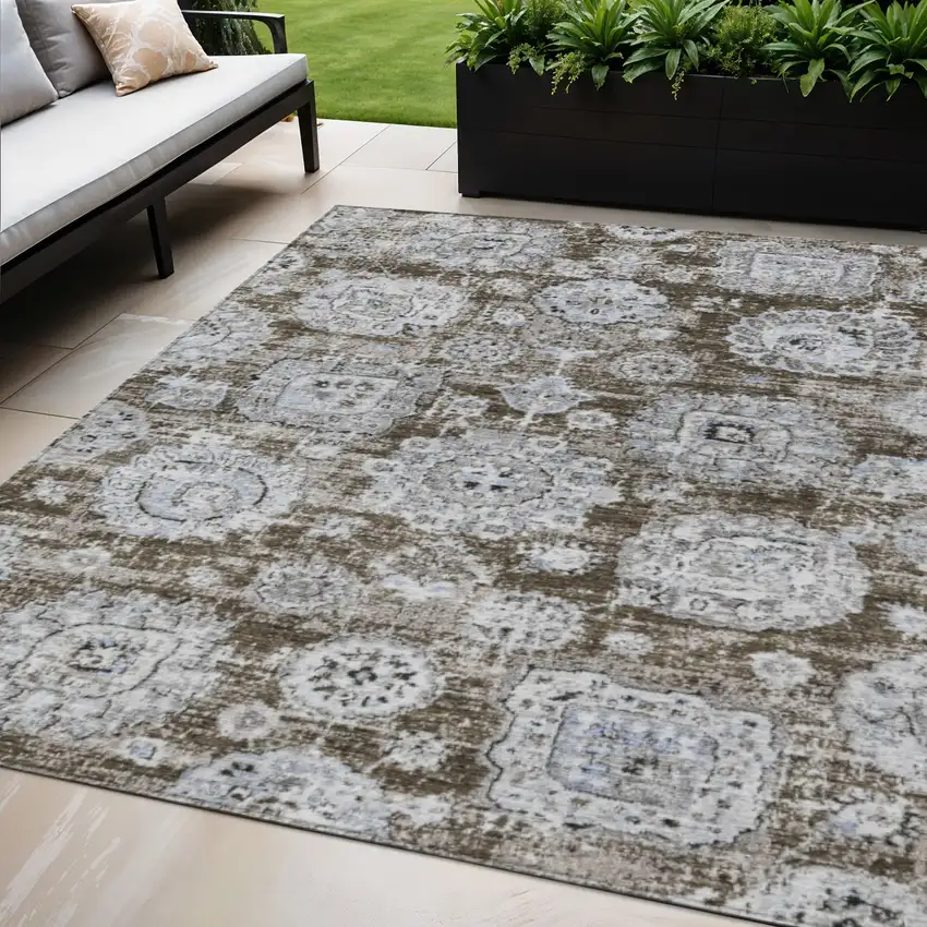 Chocolate And Blue Floral Washable Indoor Outdoor Area Rug Photo 1