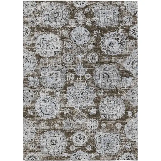 Chocolate And Blue Floral Washable Indoor Outdoor Area Rug Photo 1