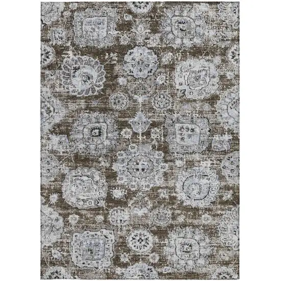 Chocolate And Blue Floral Washable Indoor Outdoor Area Rug Photo 5