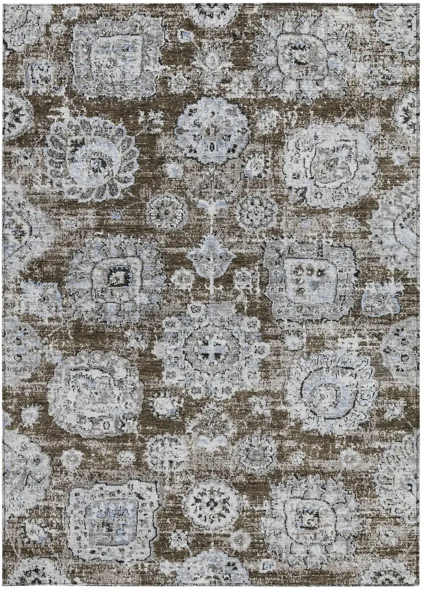 Chocolate And Blue Floral Washable Indoor Outdoor Area Rug Photo 5