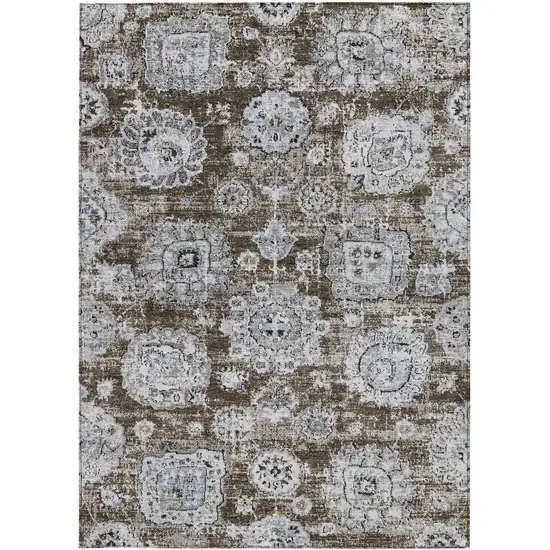 Chocolate And Blue Floral Washable Indoor Outdoor Area Rug Photo 5
