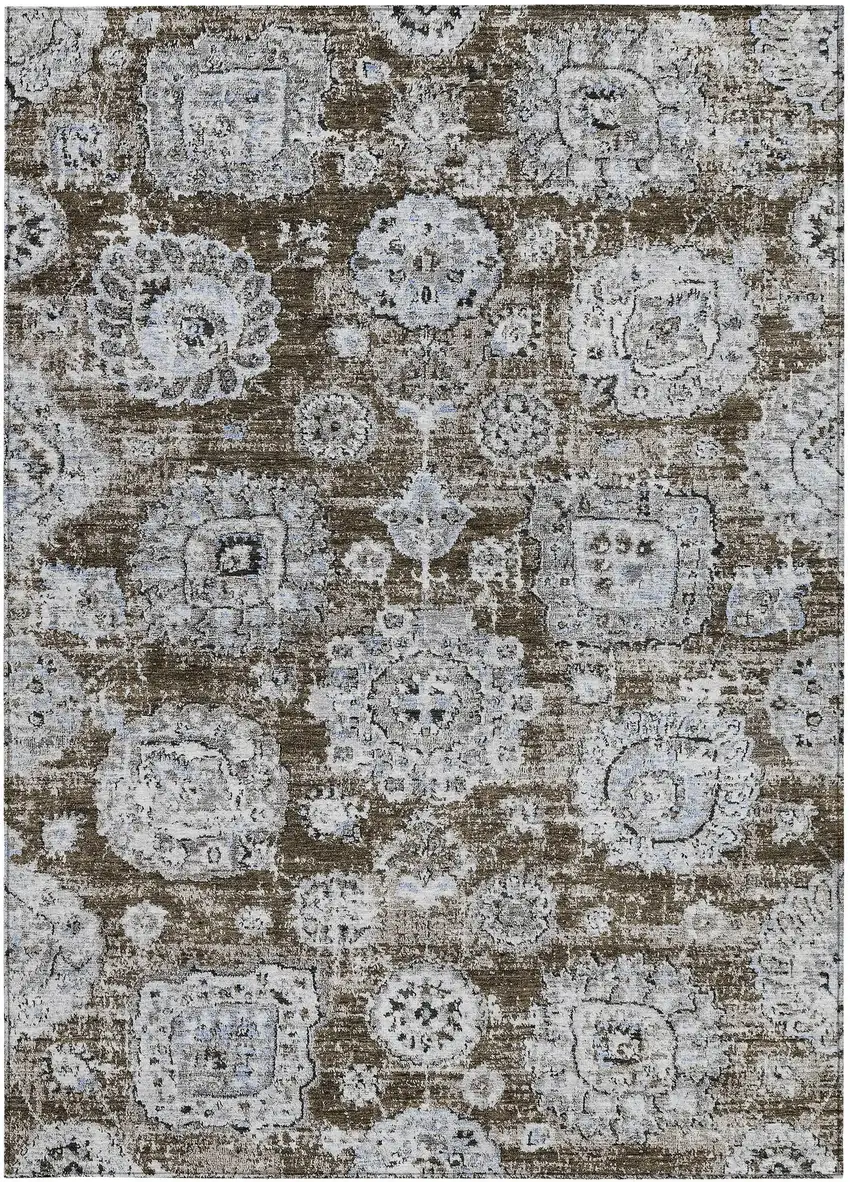 Chocolate And Blue Floral Washable Indoor Outdoor Area Rug Photo 5