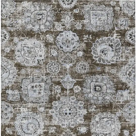 Chocolate And Blue Floral Washable Indoor Outdoor Area Rug Photo 4