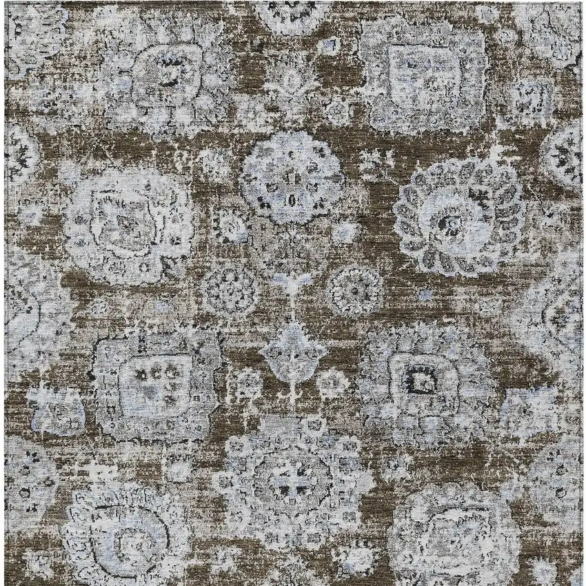 Chocolate And Blue Floral Washable Indoor Outdoor Area Rug Photo 4