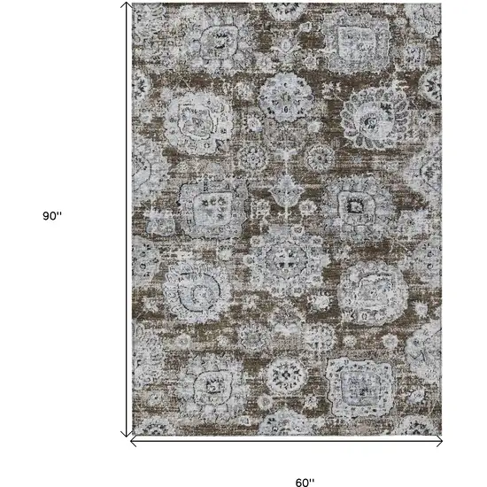 Chocolate And Blue Floral Washable Indoor Outdoor Area Rug Photo 3