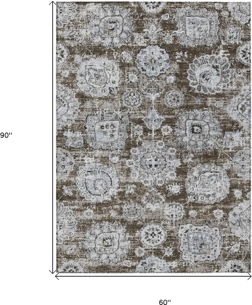 Chocolate And Blue Floral Washable Indoor Outdoor Area Rug Photo 3