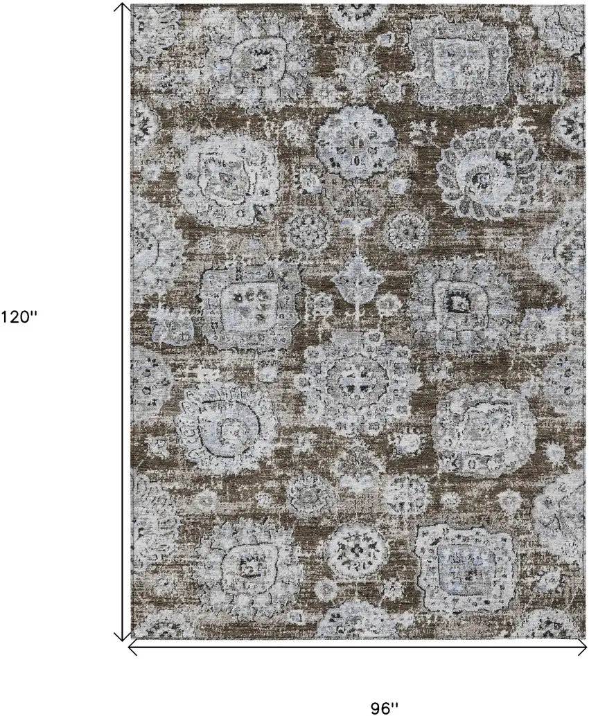 Chocolate And Blue Floral Washable Indoor Outdoor Area Rug Photo 3