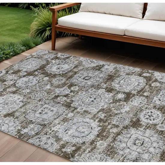 Chocolate And Blue Floral Washable Indoor Outdoor Area Rug Photo 1