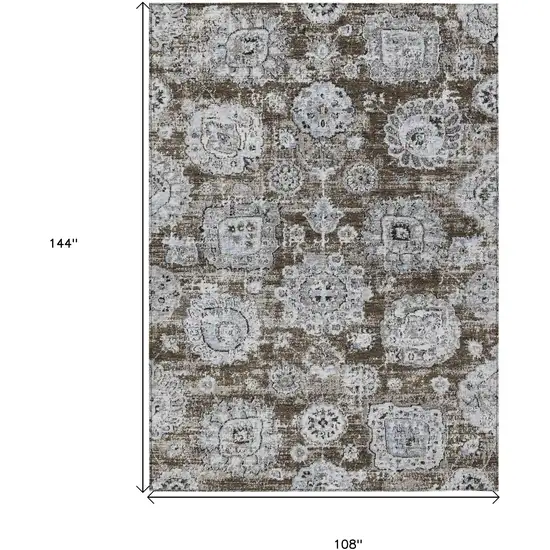 Chocolate And Blue Floral Washable Indoor Outdoor Area Rug Photo 3