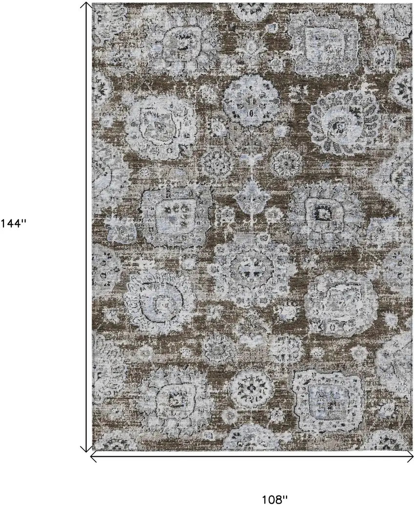 Chocolate And Blue Floral Washable Indoor Outdoor Area Rug Photo 3