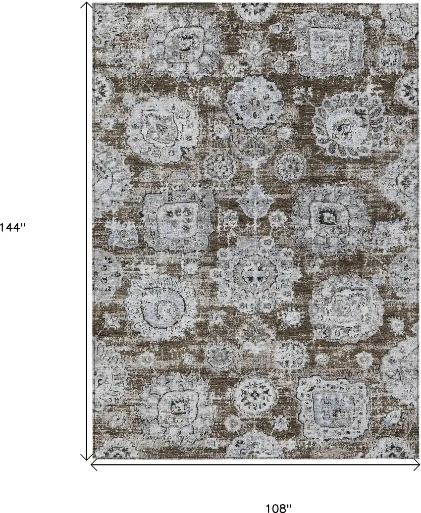 Chocolate And Blue Floral Washable Indoor Outdoor Area Rug Photo 3