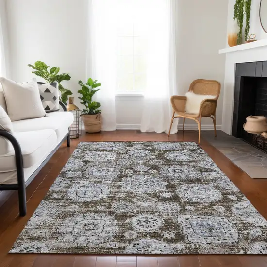 Chocolate And Blue Floral Washable Indoor Outdoor Area Rug Photo 8