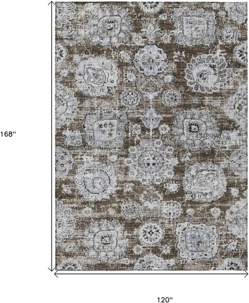 Chocolate And Blue Floral Washable Indoor Outdoor Area Rug Photo 3