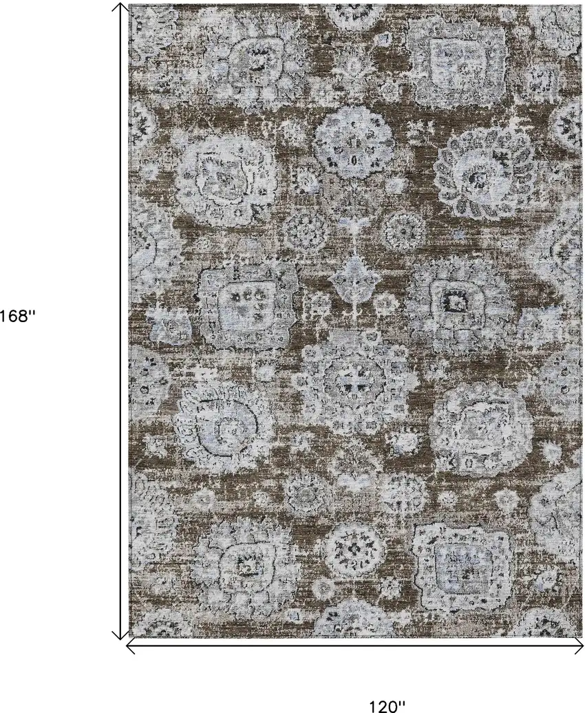 Chocolate And Blue Floral Washable Indoor Outdoor Area Rug Photo 3