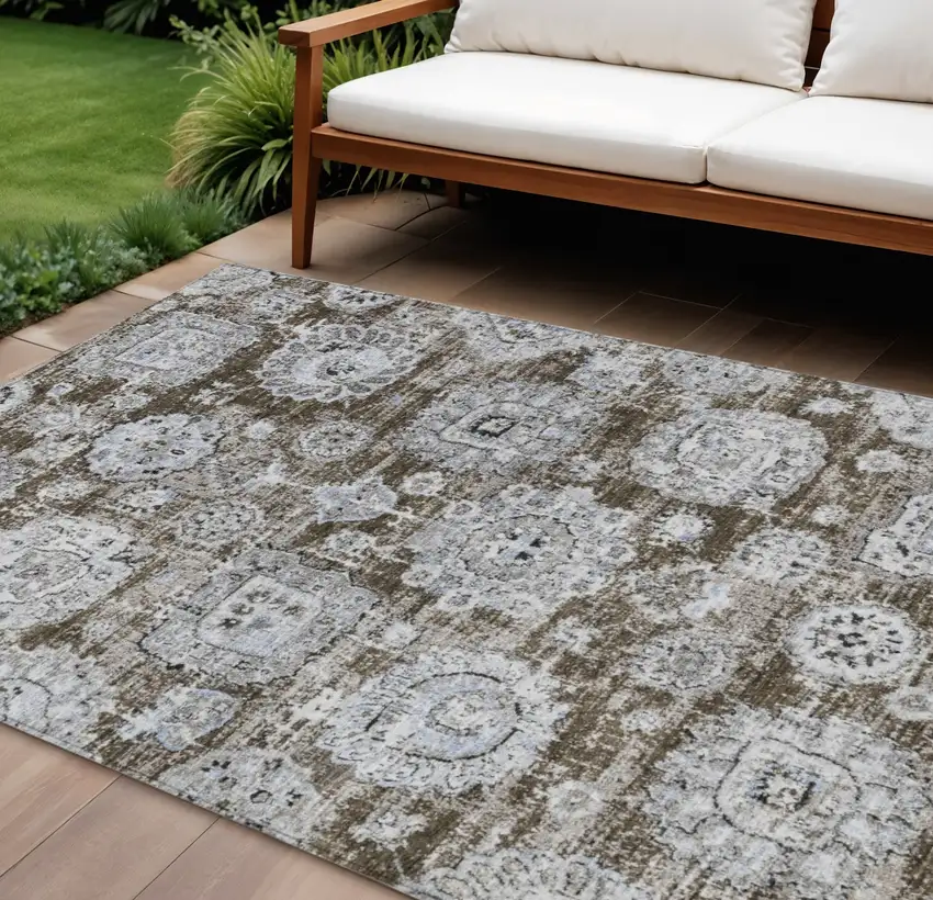 Chocolate And Blue Floral Washable Indoor Outdoor Area Rug Photo 1
