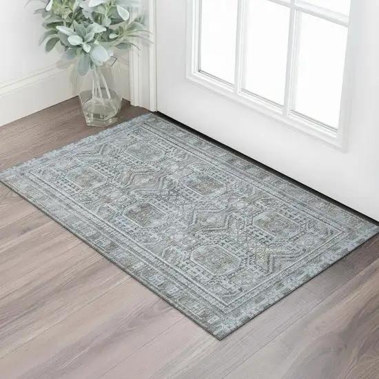 Chocolate And Blue Geometric Washable Area Rug With UV Protection Photo 2