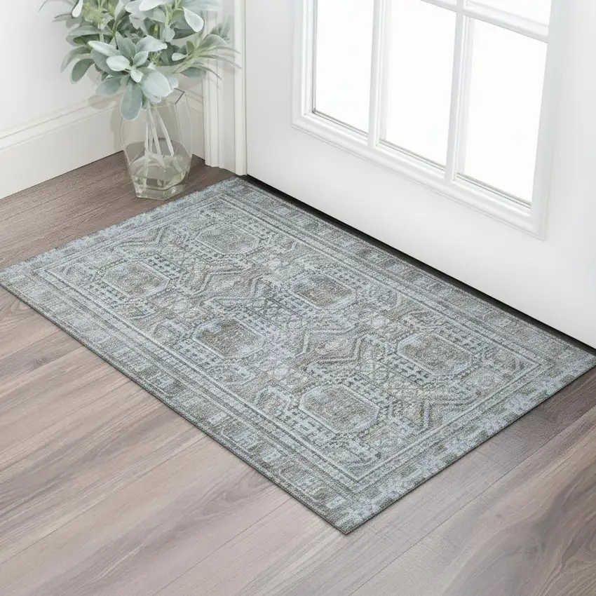 Chocolate And Blue Geometric Washable Area Rug With UV Protection Photo 2