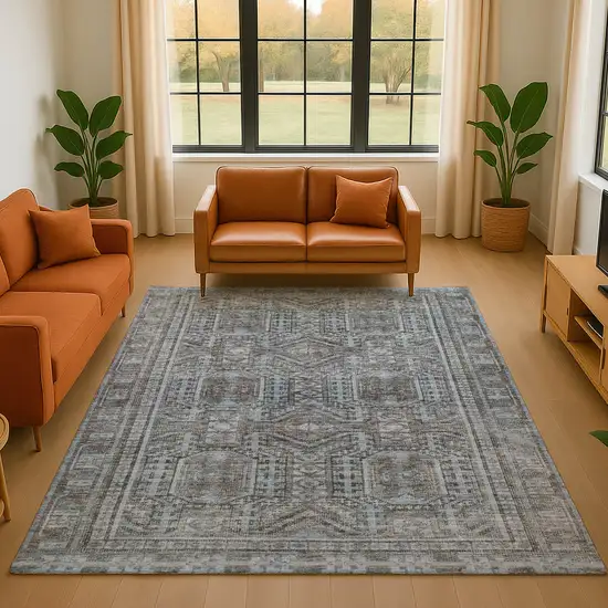 Chocolate And Blue Geometric Washable Area Rug With UV Protection Photo 5