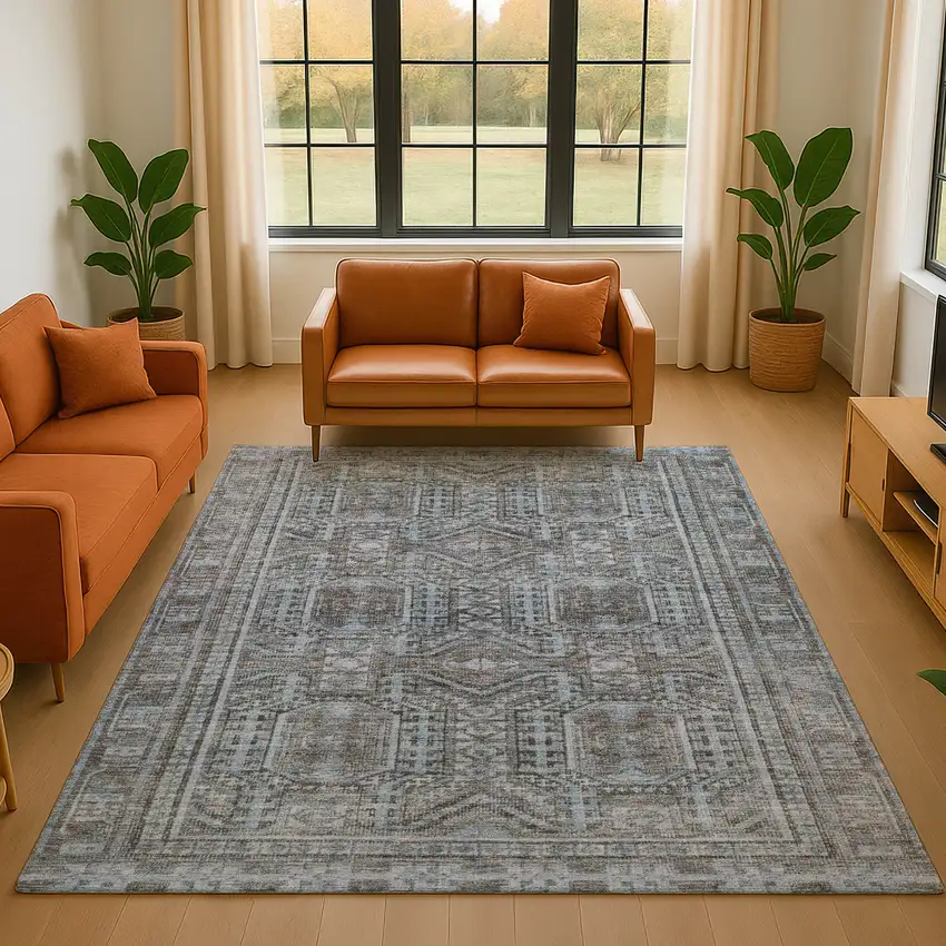 Chocolate And Blue Geometric Washable Area Rug With UV Protection Photo 5