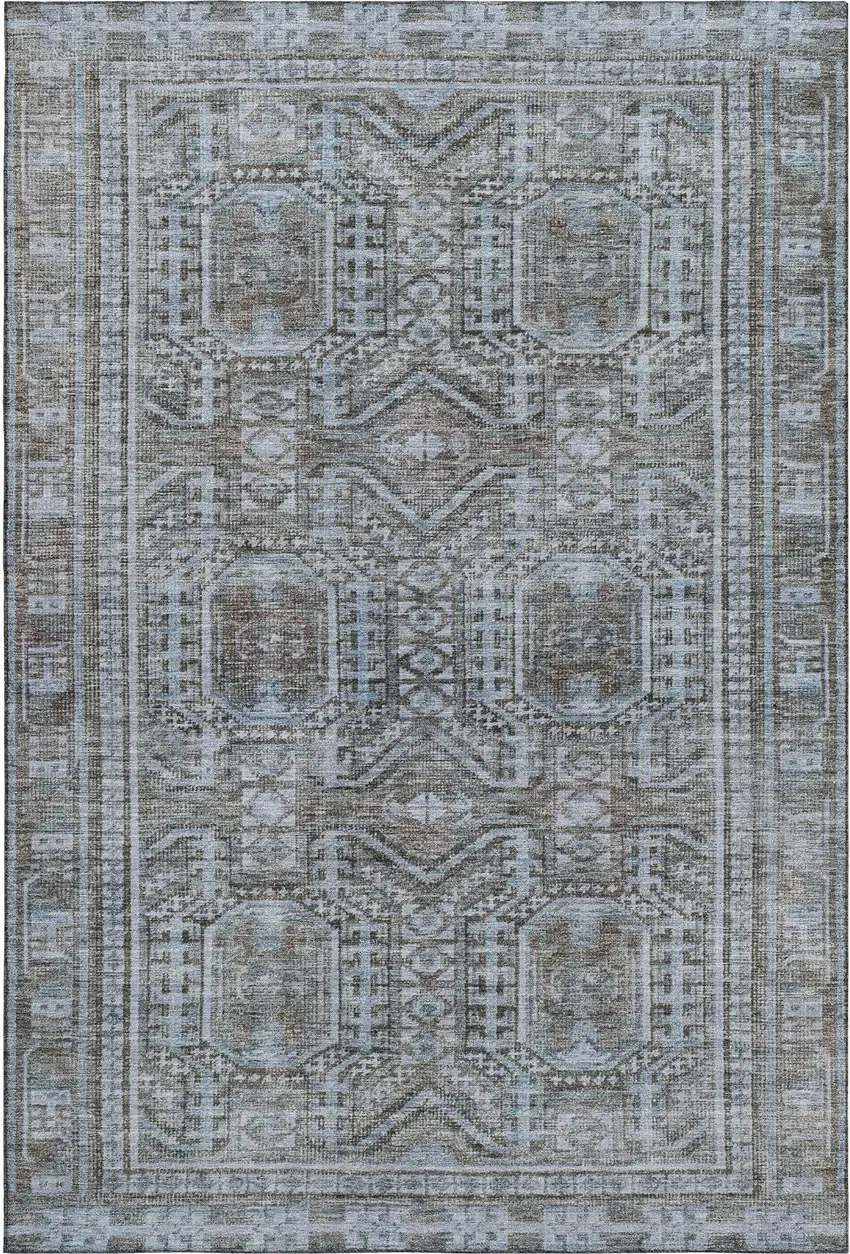 Chocolate And Blue Geometric Washable Area Rug With UV Protection Photo 1
