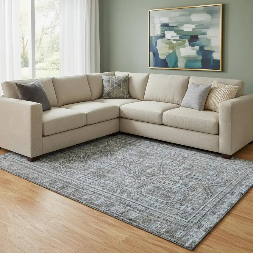 Chocolate And Blue Geometric Washable Area Rug With UV Protection Photo 2