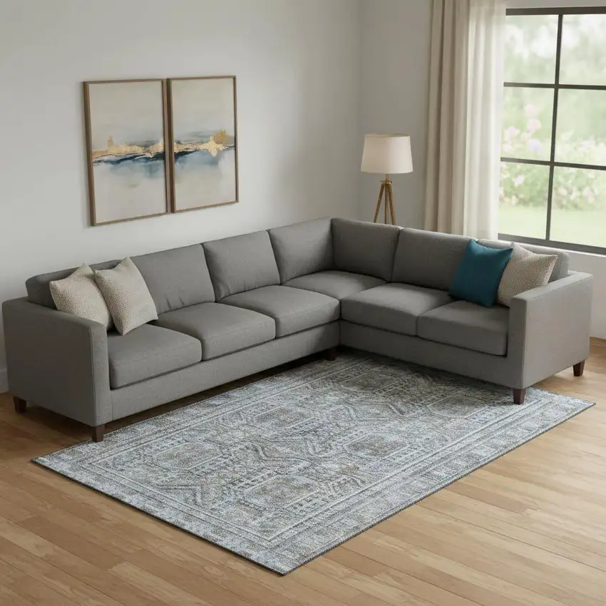 Chocolate And Blue Geometric Washable Area Rug With UV Protection Photo 2