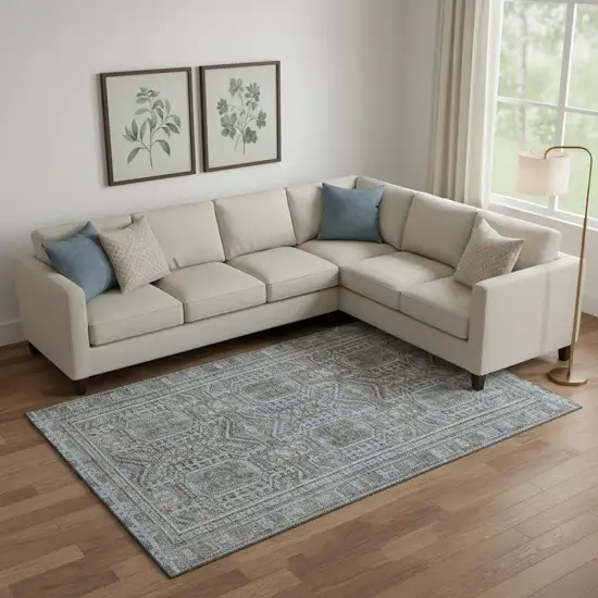 Chocolate And Blue Geometric Washable Area Rug With UV Protection Photo 2