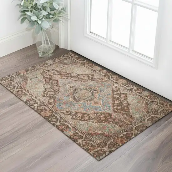 Chocolate And Blue Oriental Washable Area Rug With UV Protection Photo 2