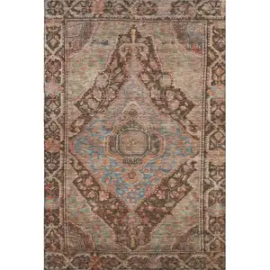 Photo of Chocolate And Blue Oriental Washable Area Rug With UV Protection