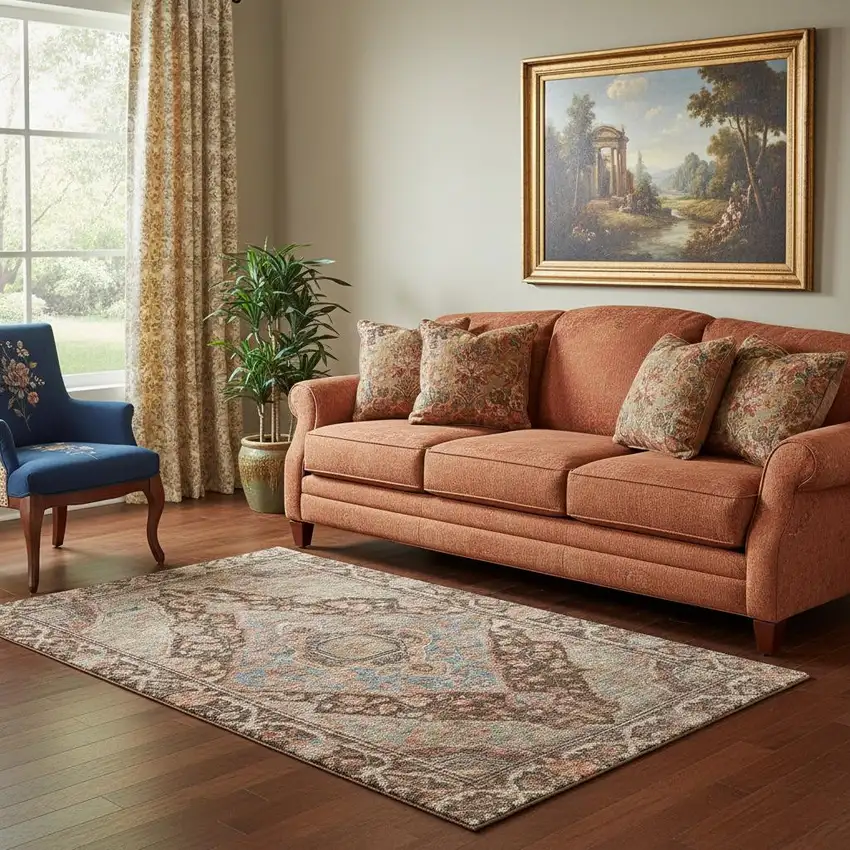 Chocolate And Blue Oriental Washable Area Rug With UV Protection Photo 2