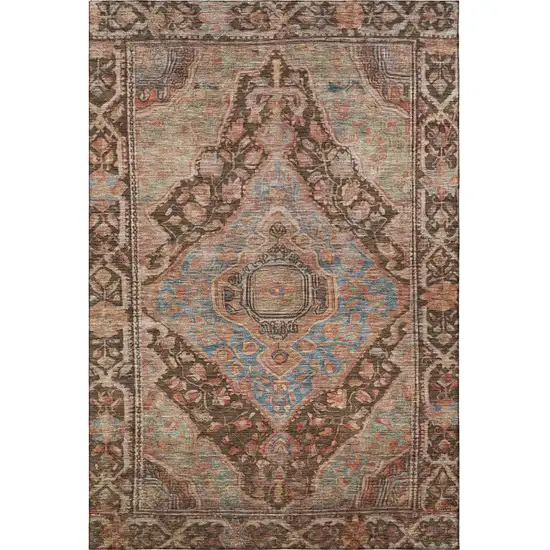 Chocolate And Blue Oriental Washable Area Rug With UV Protection Photo 3