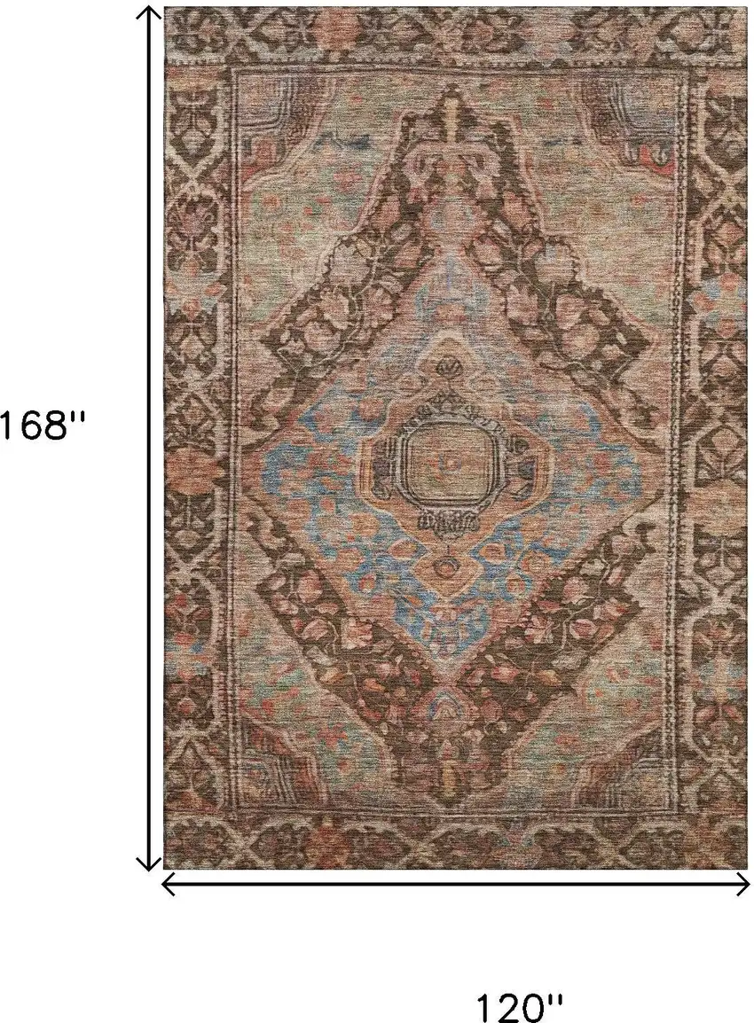 Chocolate And Blue Oriental Washable Area Rug With UV Protection Photo 9
