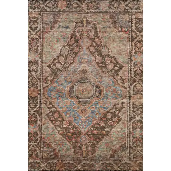 Chocolate And Blue Oriental Washable Area Rug With UV Protection Photo 1