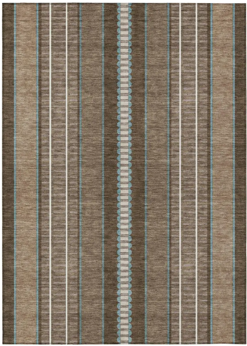 Chocolate And Blue Striped Washable Indoor Outdoor Area Rug Photo 2
