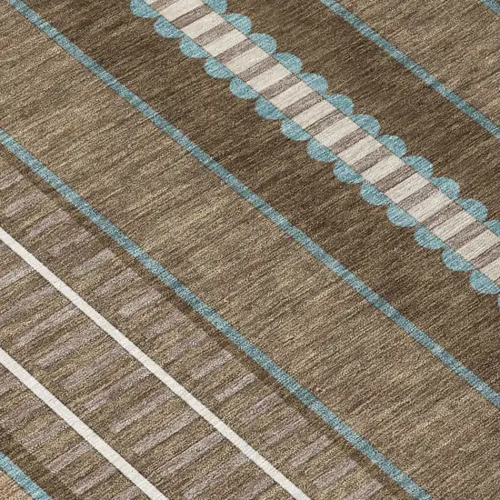 Chocolate And Blue Striped Washable Indoor Outdoor Area Rug Photo 8