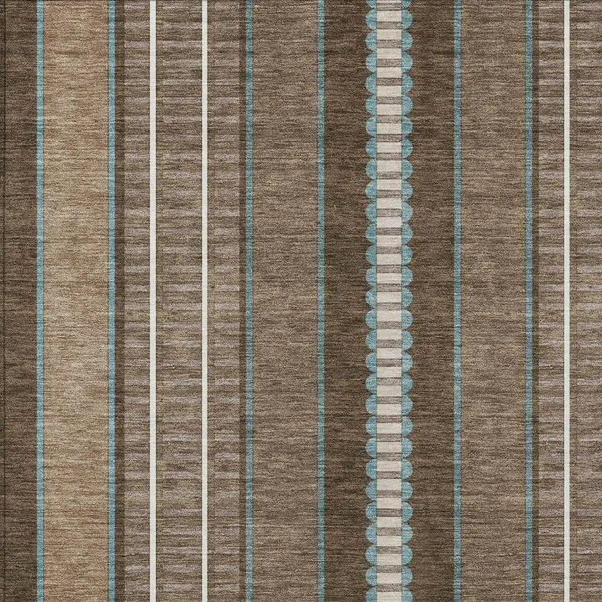 Chocolate And Blue Striped Washable Indoor Outdoor Area Rug Photo 5