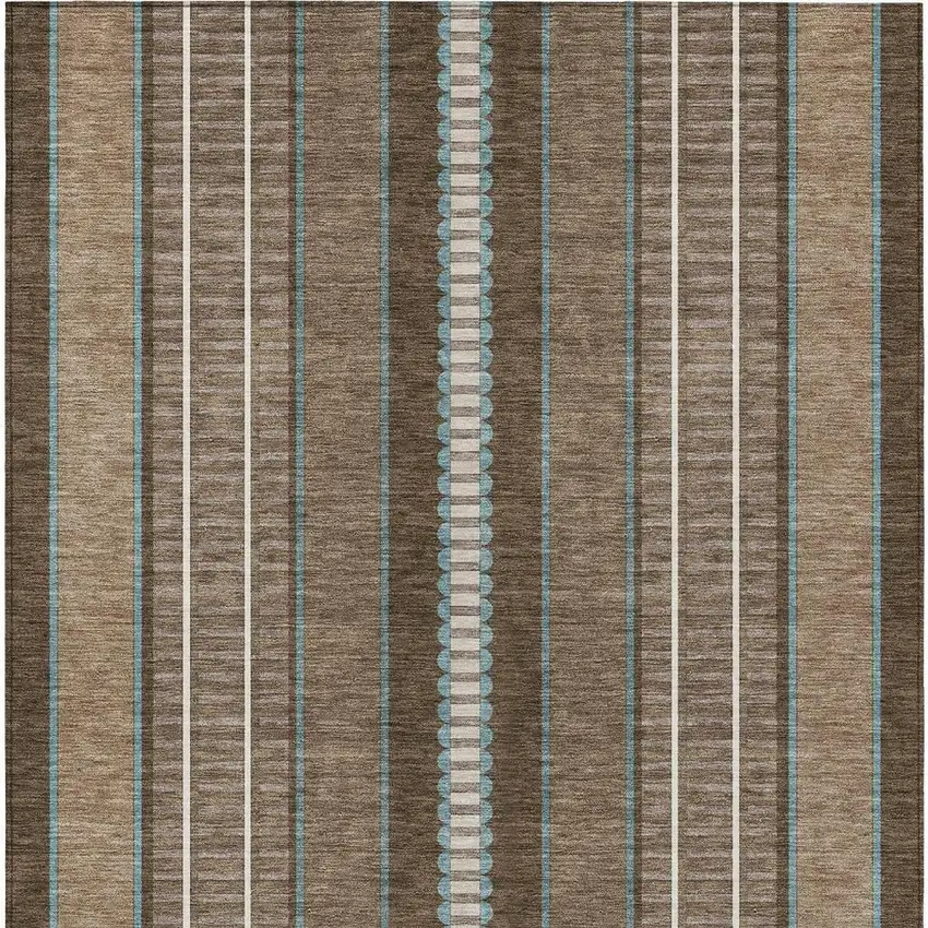 Chocolate And Blue Striped Washable Indoor Outdoor Area Rug Photo 6