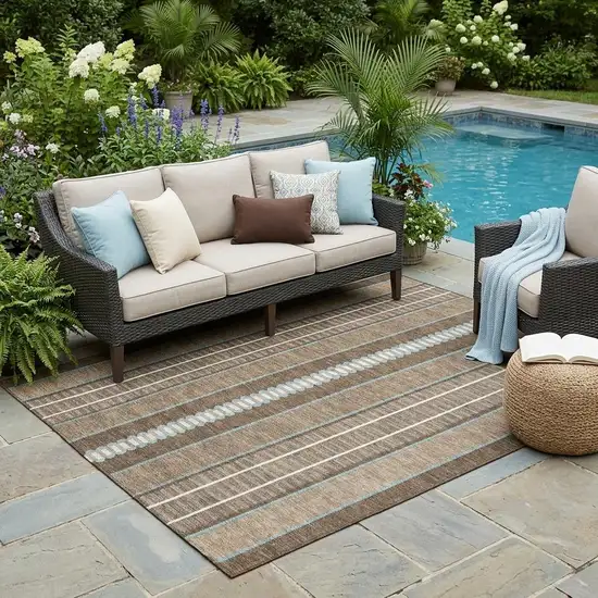 Chocolate And Blue Striped Washable Indoor Outdoor Area Rug Photo 1