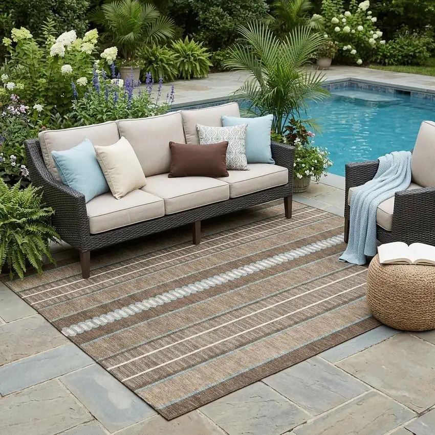 Chocolate And Blue Striped Washable Indoor Outdoor Area Rug Photo 1