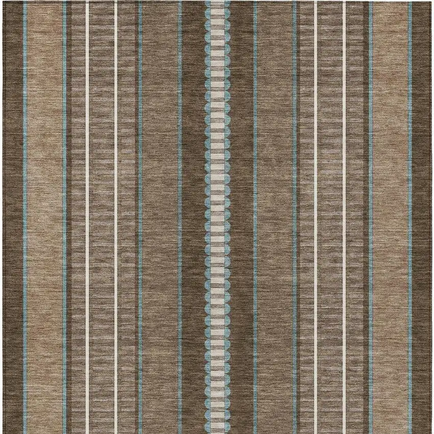 Chocolate And Blue Striped Washable Indoor Outdoor Area Rug Photo 4