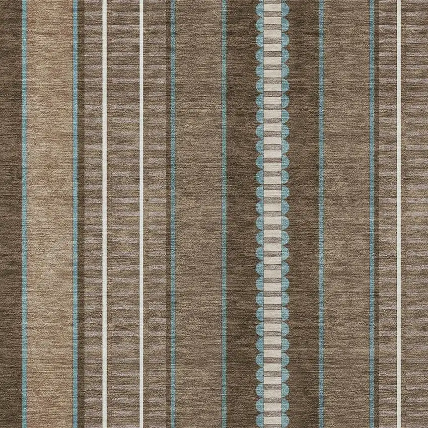 Chocolate And Blue Striped Washable Indoor Outdoor Area Rug Photo 5