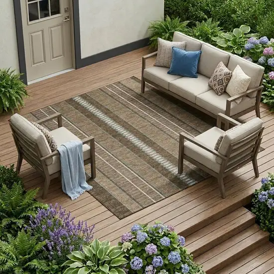 Chocolate And Blue Striped Washable Indoor Outdoor Area Rug Photo 1