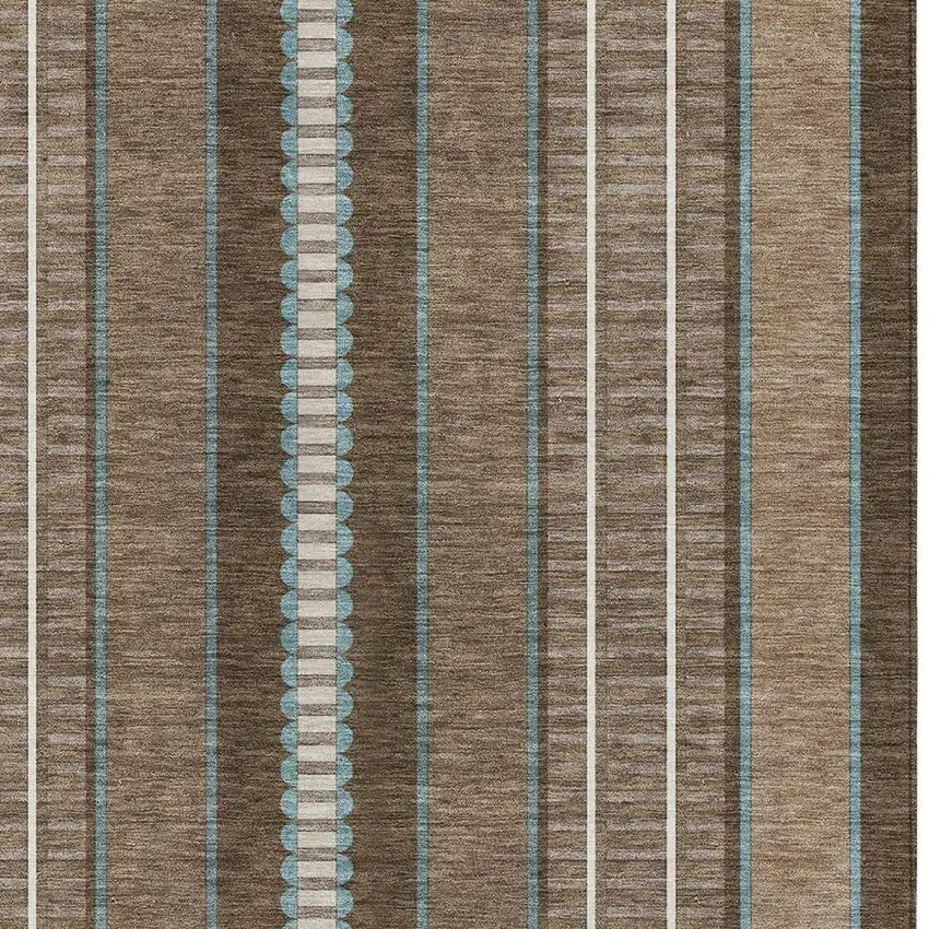 Chocolate And Blue Striped Washable Indoor Outdoor Area Rug Photo 3