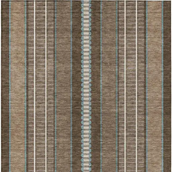 Chocolate And Blue Striped Washable Indoor Outdoor Area Rug Photo 4