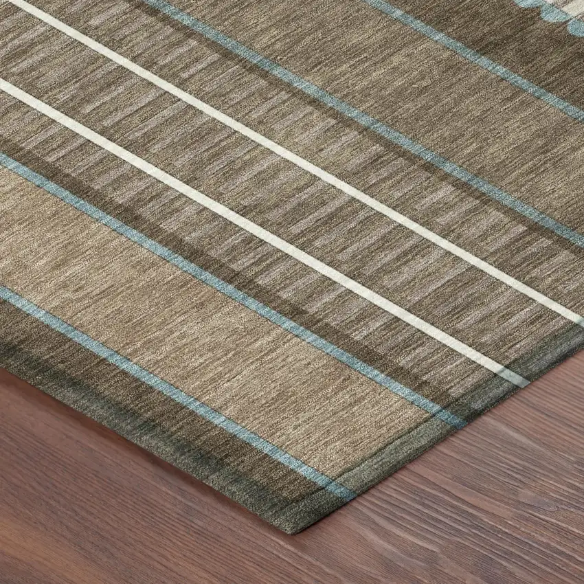 Chocolate And Blue Striped Washable Indoor Outdoor Area Rug Photo 7