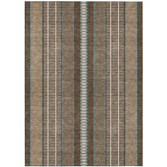 Chocolate And Blue Striped Washable Indoor Outdoor Area Rug Photo 2