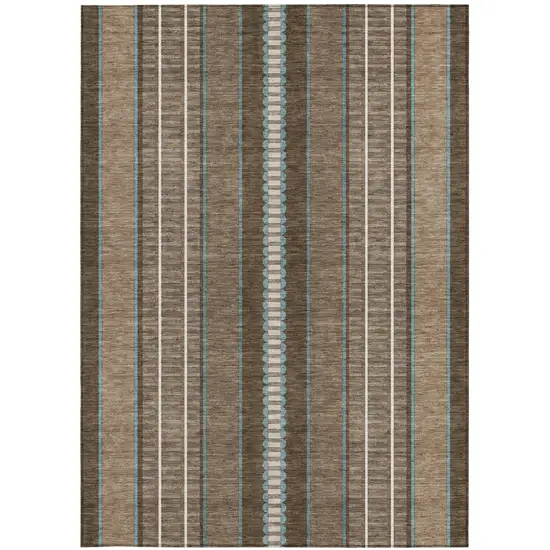 Chocolate And Blue Striped Washable Indoor Outdoor Area Rug Photo 3